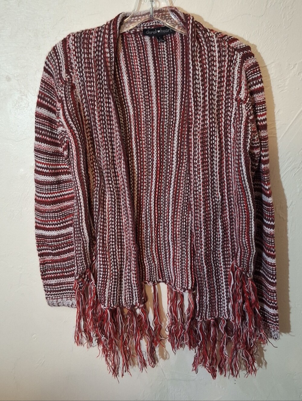 Derek Heart Knit Cardigan Open Front Striped Fringe Wrap Women's Large Acrylic